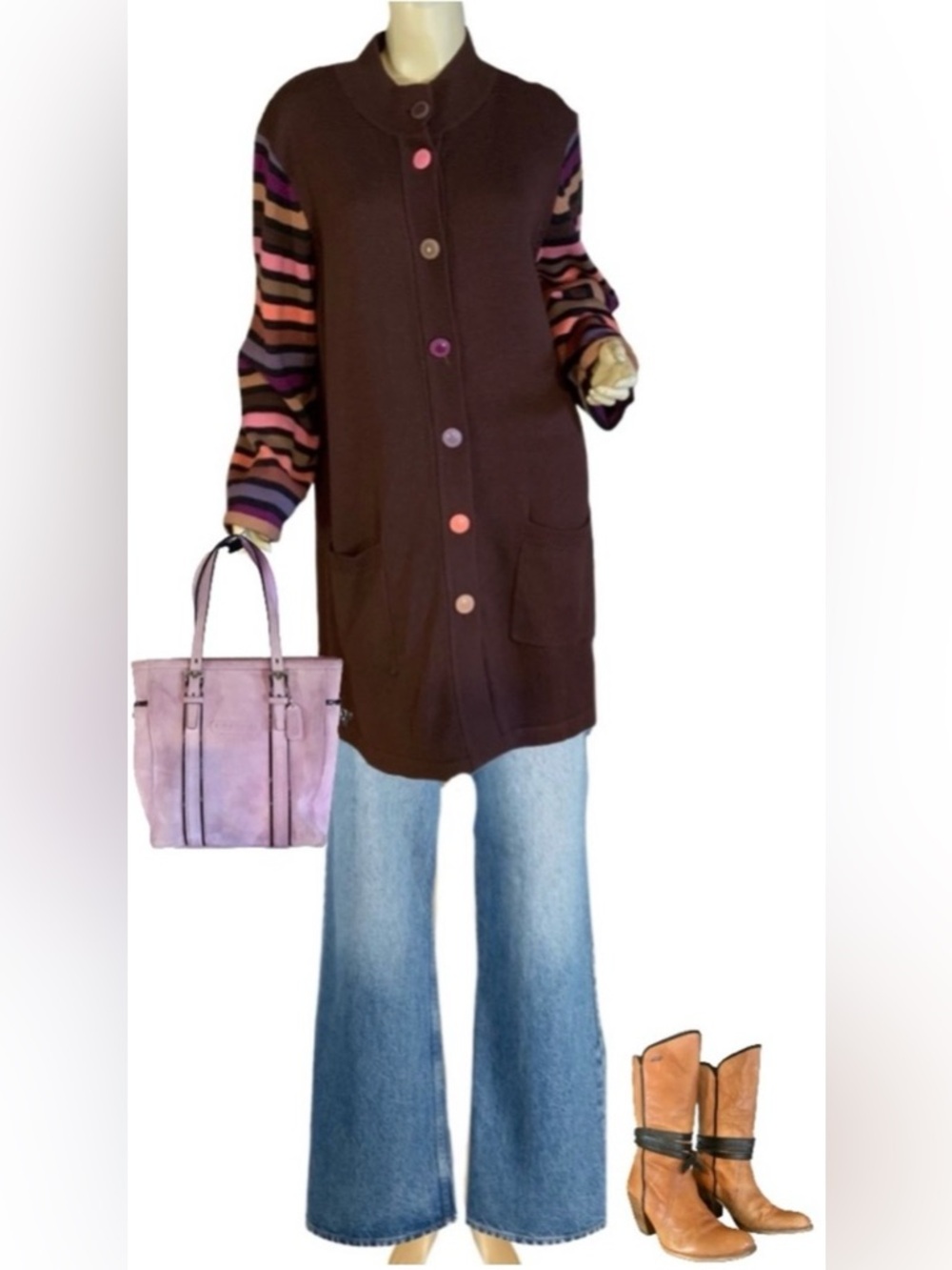 BOB MACKIE BROWN W/MULTI COLOR STRIPES COTTON BLEND CARDIGAN SWEATER (M)